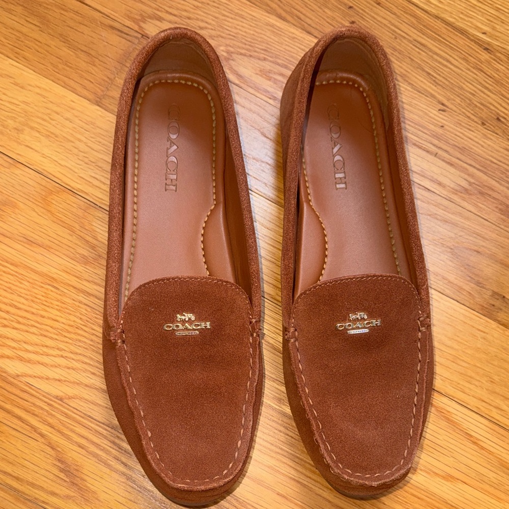 COACH Brown Suede Moccasin Loafers with Gold Logo